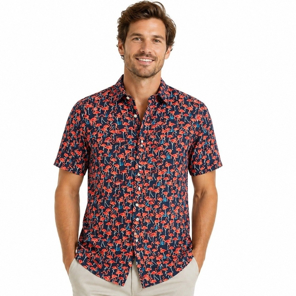 Banana Republic Shirt Mens Medium Slim Fit Linen Flamingo Print Short Sleeve
